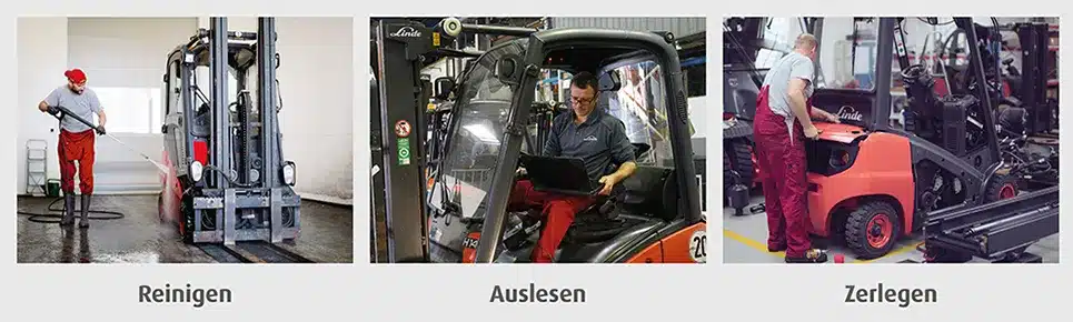 Jungbluth Aufarbeitungsstandards für Gebrauchtstapler. Reinigen, Auslesen und Zerlegen.
